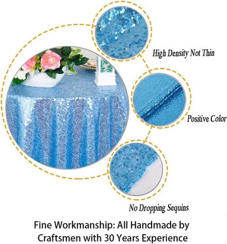 Vista 3 de ShiDianYi Mantel redondo de lentejuelas azul bebé de 72 pulgadas, mantel de lentejuelas con purpurina para pastel de postre con purpurina, mantel
