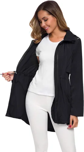 Vista 2 de Avoogue Impermeable largo para mujer con capucha para exteriores, ligera, rompevientos impermeable