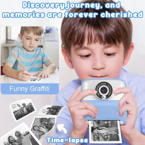 Vista 3 de Amzelas Cámara de impresión instantánea para niños, cámara portátil de juguetes para niños pequeños, imprime fotos en blanco y negro al instante