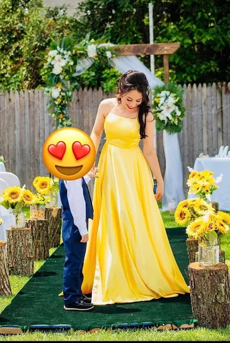 Vista 3 de POMUYOO Vestidos de dama de honor con tirantes delgados para mujer, con bolsillos, vestido largo de baile de graduación con abertura, vestido formal
