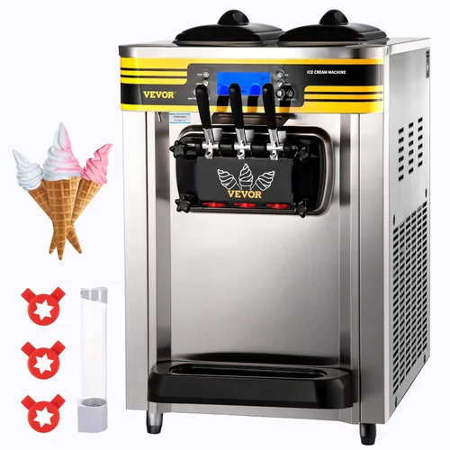 Vista 13 de VEVOR Máquina de helado comercial, 21 QT/H Máquina de helado suave con panel LCD de limpieza automática de 3 sabores preenfriamiento