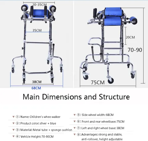 Vista 3 de Andador con ruedas para niños con parálisis cerebral, altura ajustable, adecuado para altura de 31 a 47 pulgadas, rehabilitación de marco de pie