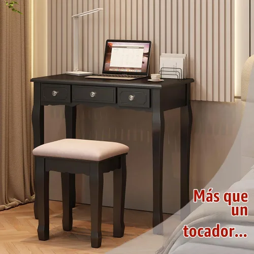 Vista 6 de BLEXA Escritorio negro con espejo y luces, tocador con juego de silla