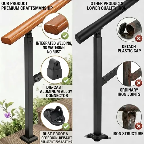 Vista 4 de Kit de pasamanos de escalera al aire libre UOKRR, pasamanos de hierro con grano de madera para interior, se adapta a 1-2 escalones