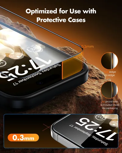 Vista 5 de UNBREAKcable - Protector de pantalla de cobertura completa para iPhone 15 Pro Max, paquete de 3 Caja de instalación rápida, cobertura de borde a