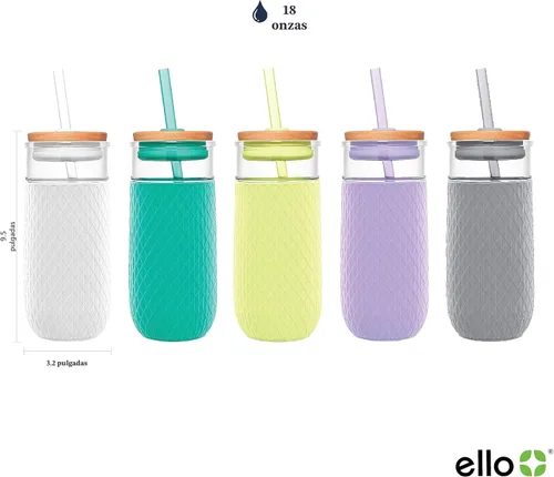 Vista 3 de Ello Devon - Vaso de vidrio con tapa de madera a prueba de salpicaduras y pajita, funda protectora de silicona antitranspirante, perfecto para Coral