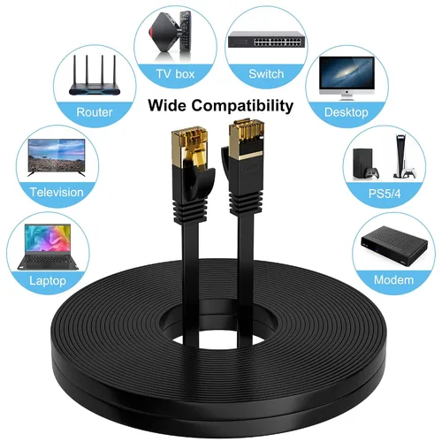 Vista 6 de Cable Ethernet Cat 7 de 2 pies, Cat7 plano de alta velocidad 10Gbps 600MHz blindado de red de Internet cable negro, cable LAN RJ45 ultra delgado
