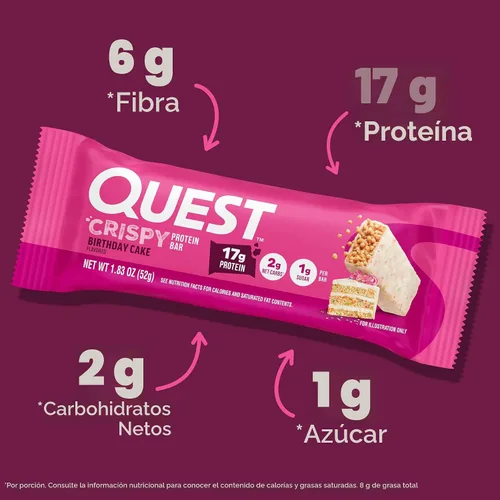 Vista 3 de Quest Nutrition - Barra de proteína crujiente para pastel de cumpleaños, 0.67 onzas de proteína, 0.04 oz de azúcar, 0.07 oz de carbohidratos netos