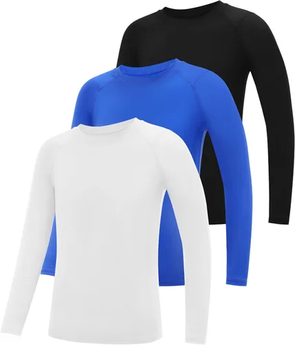 Vista 15 de Camiseta de compresión de manga larga para niños, paquete de 3 camisetas deportivas de béisbol para niños, capa base de secado rápido para fútbol