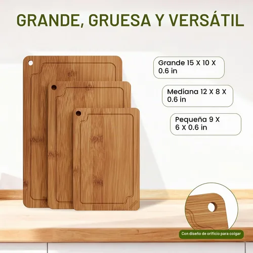 Vista 4 de Tablas de cortar de bambú para cocina, juego de tablas de cortar de madera con ranuras para jugo y asas integradas, tablas de cortar grande, mediana