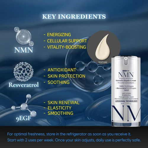 Vista 2 de Crema de renovación intensiva NMN - Lujoso tratamiento nocturno con NMN 70,000PPM, resveratrol y crecimiento 9