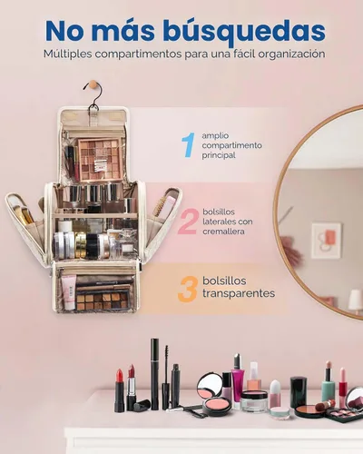 Vista 2 de BAGSMART Neceser de viaje para maquillaje con gancho para colgar, bolsa de cosméticos, organizador de gran capacidad, resistente al agua, para Beige