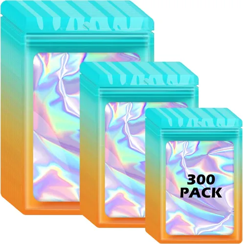 Vista 23 de 300 bolsas holográficas de mylar, 3 tamaños, bolsas a prueba de olores con ventana transparente, bolsas de papel de aluminio resellables