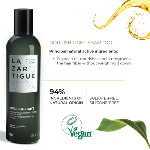 Vista 4 de Lazartigue Champú Nourish Light, enriquecido con aceite de soja, nutrición ligera para cabello seco y fino, vegano, sin sulfatos ni silicona, 8.4