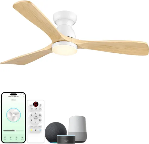 Vista 10 de Ventiladores de techo inteligentes de 52 pulgadas con luces, ventilador de techo de madera de perfil bajo para exteriores, motor de CC silencioso