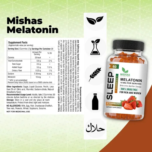 Vista 2 de Mishas Nutraceuticals - Gomitas de melatonina para adultos, suplemento de melatonina de 10 mg, 60 gomitas con sabor a fresa, proporciona hasta 30