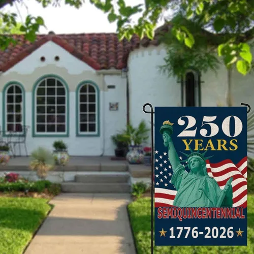 Vista 8 de Bandera de jardín de 250 años de América, pancarta patriótica de doble cara del 250 aniversario de Estados Unidos, diseño de estatua de la libertad