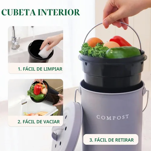 Vista 4 de FINESSY - Contenedor de compostaje para encimera con tapa, pequeño, compostador de cocina para interiores Gris nórdico.