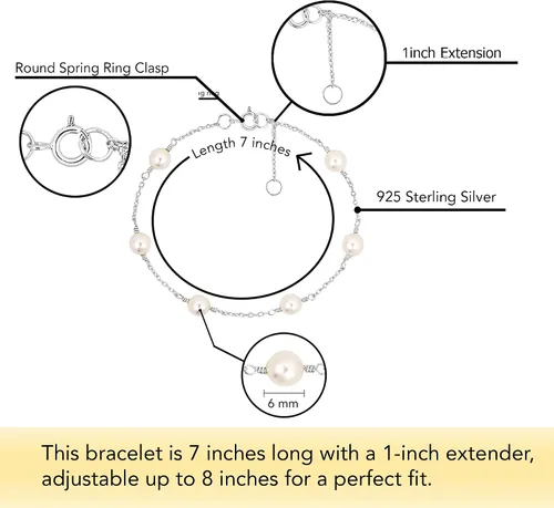 Vista 3 de AeraVida Pulsera ajustable de cadena de plata esterlina con perlas blancas luminosas - 7 pulgadas, perla