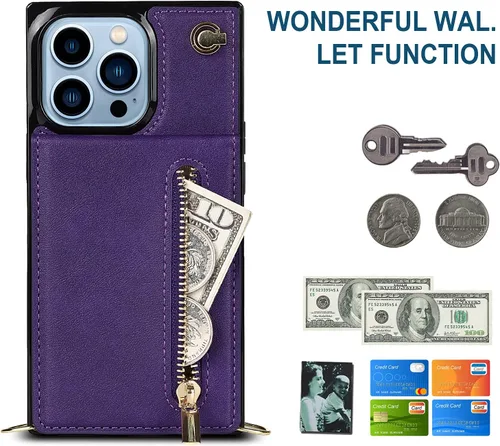 Vista 5 de Funda compatible con iPhone 13 de 6.1 pulgadas, a prueba de golpes, bolsillo con cremallera, correa de hombro, elegante funda protectora para iPhone