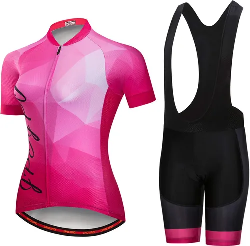 Vista 29 de Camiseta de ciclismo para mujer, manga corta y pantalones cortos de ciclismo acolchados para verano