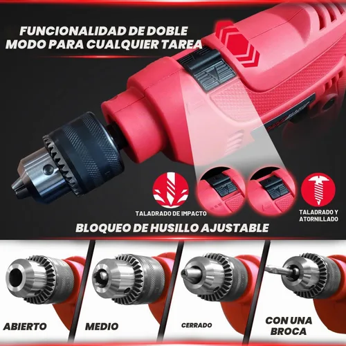 Vista 4 de PROMAKER Taladro con cable con 88 accesorios, 1/2 pulgada - Juego de herramientas con taladro y mango ajustable, - Taladro martillo con velocidad