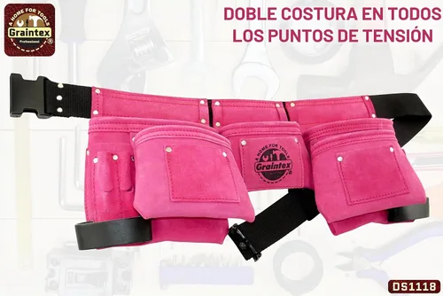 Vista 6 de Graintex DS1118 Cinturón de herramientas rosa de 8 bolsillos en cuero de gamuza con cinturón de 2 pulgadas, 2 bucles de cuero para martillo