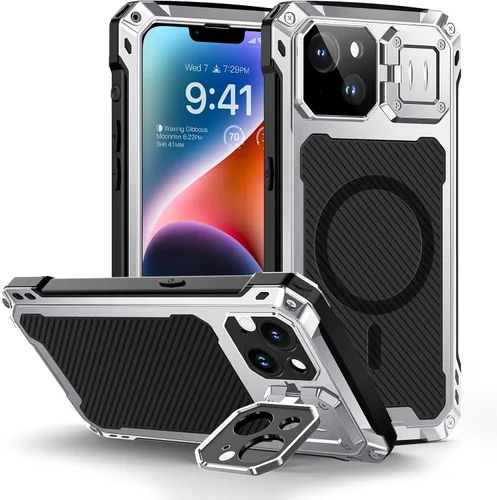 Vista 9 de Lanhiem Funda magnética de metal para iPhone 14, soporte de cámara integrado y protector de pantalla de cristal, resistente a prueba de golpes