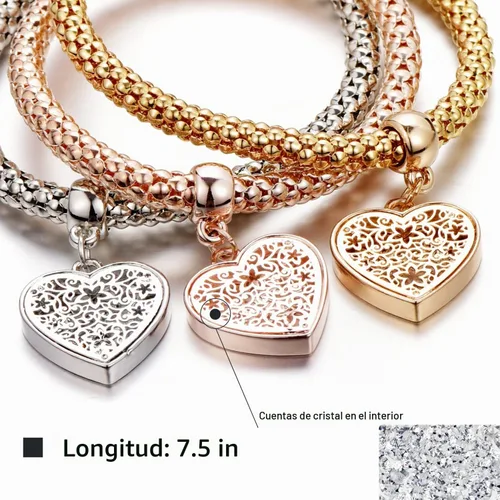 Vista 2 de SILANER Pulseras multicapa con dijes de cristal, 3 pulseras de cadena de maíz de oro/plata/oro rosa para mujer, pulsera elástica en forma de corazón