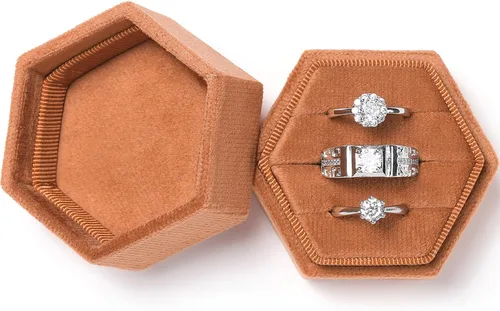 Vista 9 de WantGor Caja del anillo de la joyería del terciopelo, 3 ranuras anillo Beige