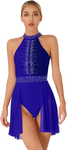 Vista 9 de FEESHOW Women Shiny Rhinestone Lyrical Dance Dress Backless Leotard Dresses Figure Skating Dance Costume E90#negro y blanco