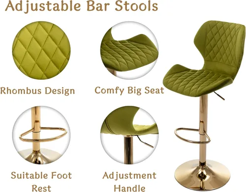 Vista 4 de Juego de 2 taburetes de bar de terciopelo ajustables verdes con patas doradas, modernas sillas de bar giratorias para isla de cocina, comedor, bar