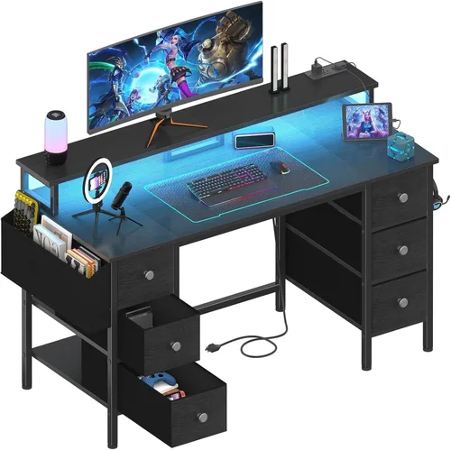 Vista 9 de Lufeiya Escritorio blanco para juegos con cajones y estantes de almacenamiento, escritorio de oficina en casa de 47 pulgadas con soporte