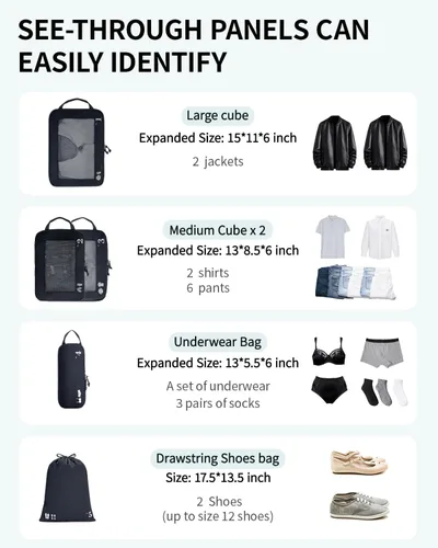 Vista 6 de ECOHUB Juego de 5 cubos de compresión para maletas, bolsas organizadoras, artículos esenciales de viaje con bolsas para zapatos para viajes