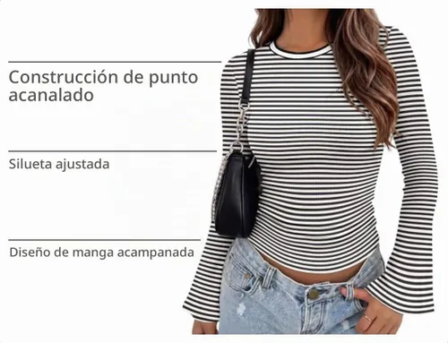 Vista 4 de Zeagoo Camisas de punto acanalado con cuello redondo y manga larga para negro blanco raya
