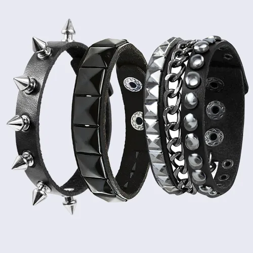 Vista 7 de 3 piezas de pulsera de cuero estilo punk rock con tachuelas ajustables, pulsera de estilo emo con espigas, accesorio de puño con remaches retro