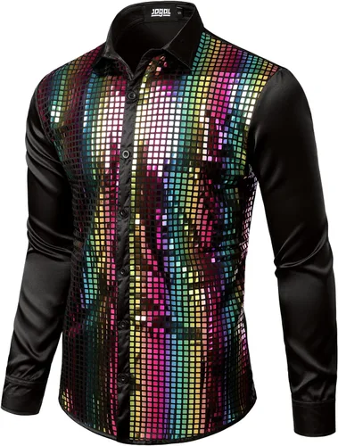 Vista 2 de JOGAL Camisa de discoteca de los años 70 para hombre, disfraz de fiesta de lentejuelas plateadas, camisa de manga larga con botones