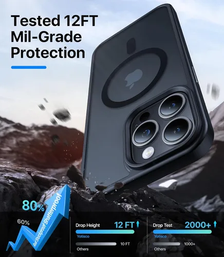 Vista 4 de Funda magnética fuerte para iPhone 15 Pro, [probada en caídas de grado militar] [compatible con MagSafe] translúcida mate delgada funda protectora a