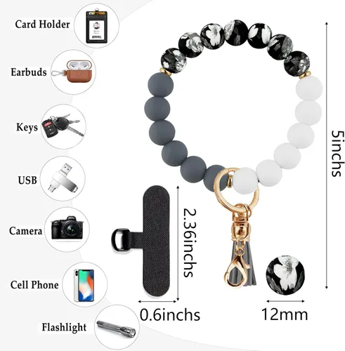 Vista 5 de Correa de silicona con cuentas para mujer, silicona sin BPA Elastic wristlet with tether tab, 12mm BPA-Free silicone beads with printed accents