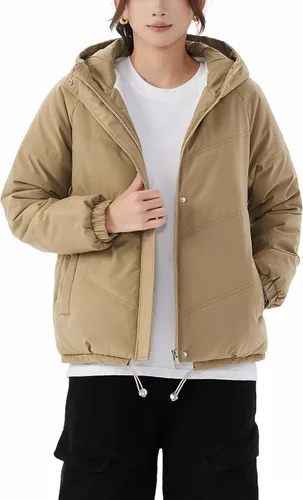 Vista 8 de JiangWu - Chaqueta con capucha de estilo Sherpa para mujer, forro polar grueso, abrigada para invierno A-Negro