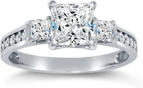 Vista 2 de Anillo de compromiso de plata esterlina 925 con 3 circonias cúbicas - corte princesa con piedras laterales