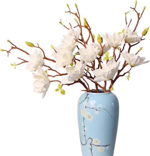 Vista 8 de 3 piezas de ramas de flores artificiales de magnolia, tallo de 31 pulgadas de largo, flores artificiales de imitación premium para decoración