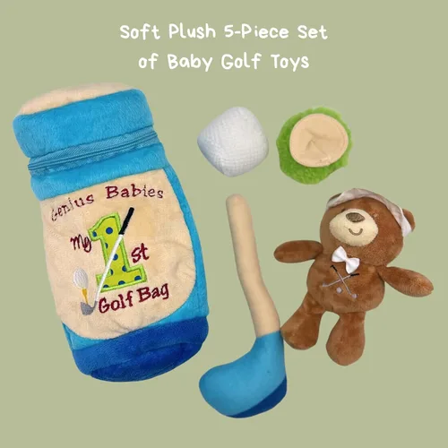 Vista 2 de Genius Baby Toys My First - Juego de juguetes para bebé, 5 piezas de felpa suave con palo de golf, pelota, camiseta y oso de peluche, para amantes