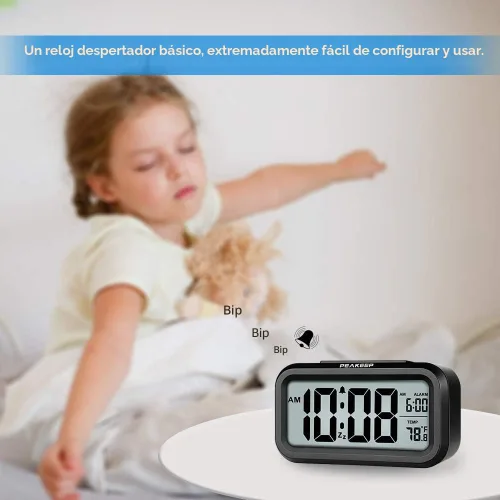 Vista 2 de Reloj despertador digital con luz nocturna Peakeep Temperatura interior con pilas Pequeño reloj inalámbrico lindo para dormitorio, escritorio