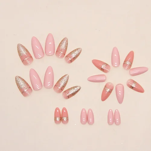 Vista 2 de TBRZTR Uñas postizas cortas ovaladas a presión de almendra, uñas postizas acrílicas artificiales con diseños de flash degradado dorado, cobertura