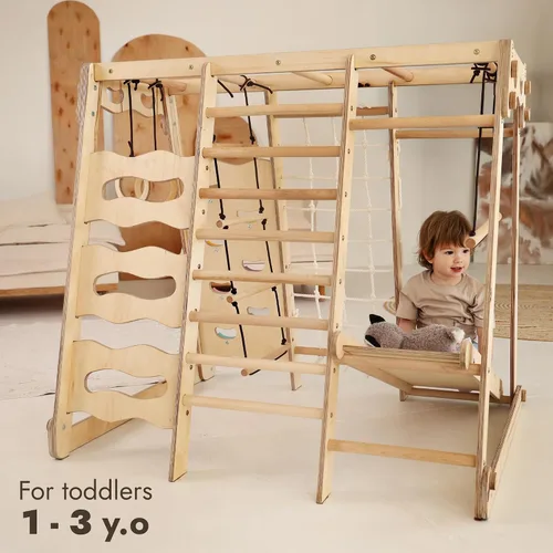 Vista 8 de Goodevas Mejora el marco de escalada interior 9 en 1 para niños, marco de escalada Montessori con tobogán, columpio, pared de escalada, triángulo