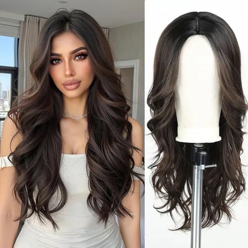Vista 17 de Esmee Pelucas largas de color castaño rojizo ombré para mujer, peluca de cabello sintético ondulado y rizado natural para uso diario, fiestas