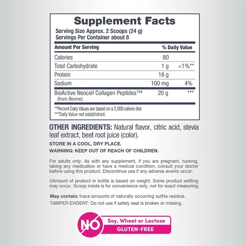 Vista 4 de NeoCell Péptidos de colágeno super, 0.35 onzas de péptidos de colágeno por porción, sin gluten, apto para dieta cetogénica, sin OMG, alimentado