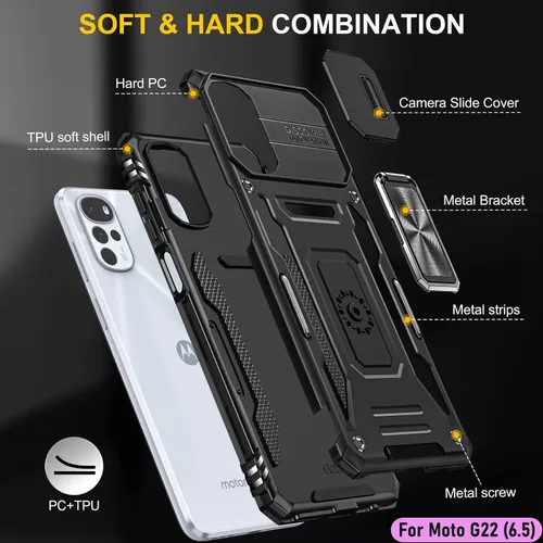 Vista 3 de Funda resistente para Motorola Moto G22, protector de parachoques de goma híbrido de doble capa de grado militar con protector de cámara deslizante