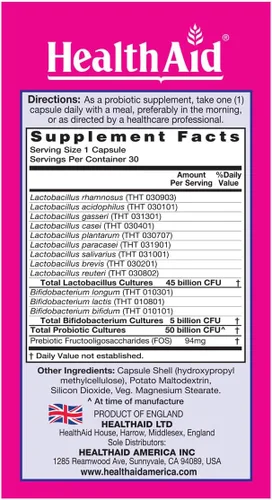 Vista 2 de HealthAid FemProbio - Probiótico una vez al día con fibra prebiótica 50 mil millones de UFC 30 cápsulas vegetarianas Resistente a ácidos